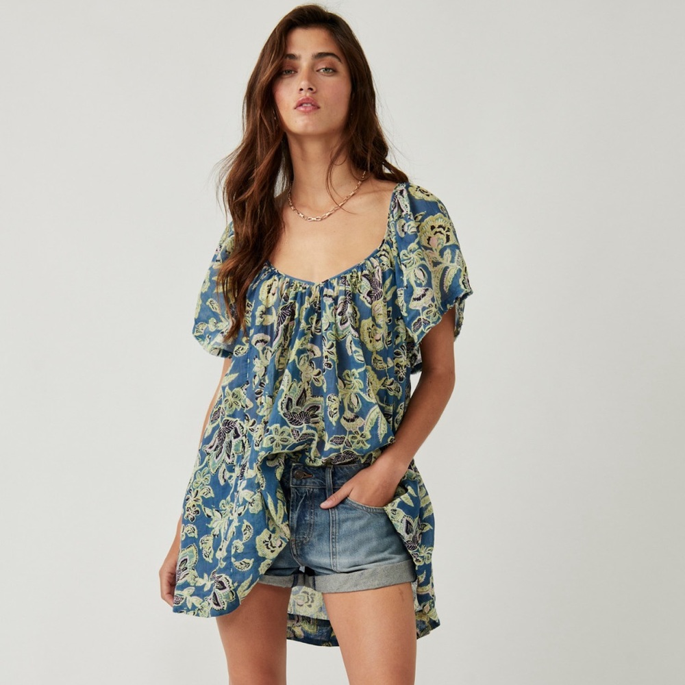 FREE PEOPLE Kauai Getaway Tunic - Size XS - Ocean Combo Boho Flutter Top - NWT